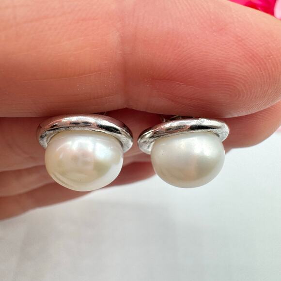 11 mm Pearl Stud Earrings Signed NF 925 Acid Tested Thailand Sterling Silver - Picture 2 of 16